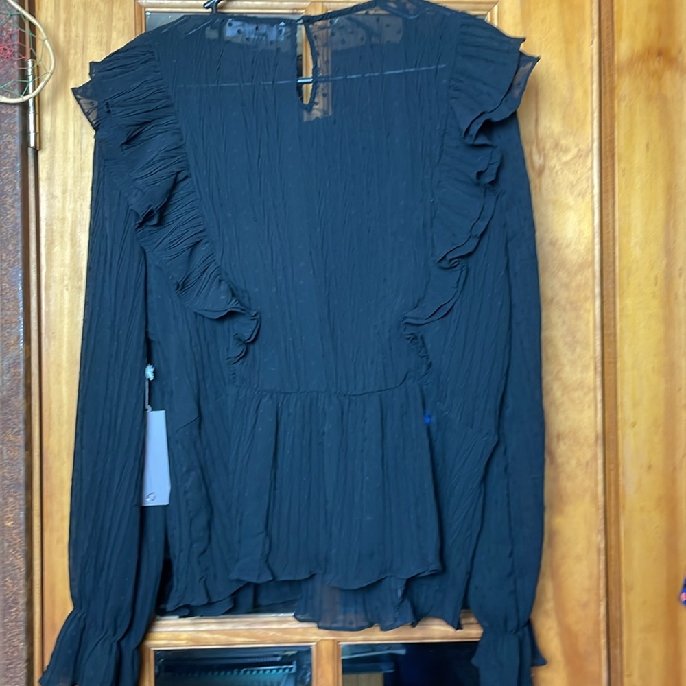 MELOGRANO RICO BLACK sheer Ruffled Ribbed Blouse, Size L - Picture 7 of 8